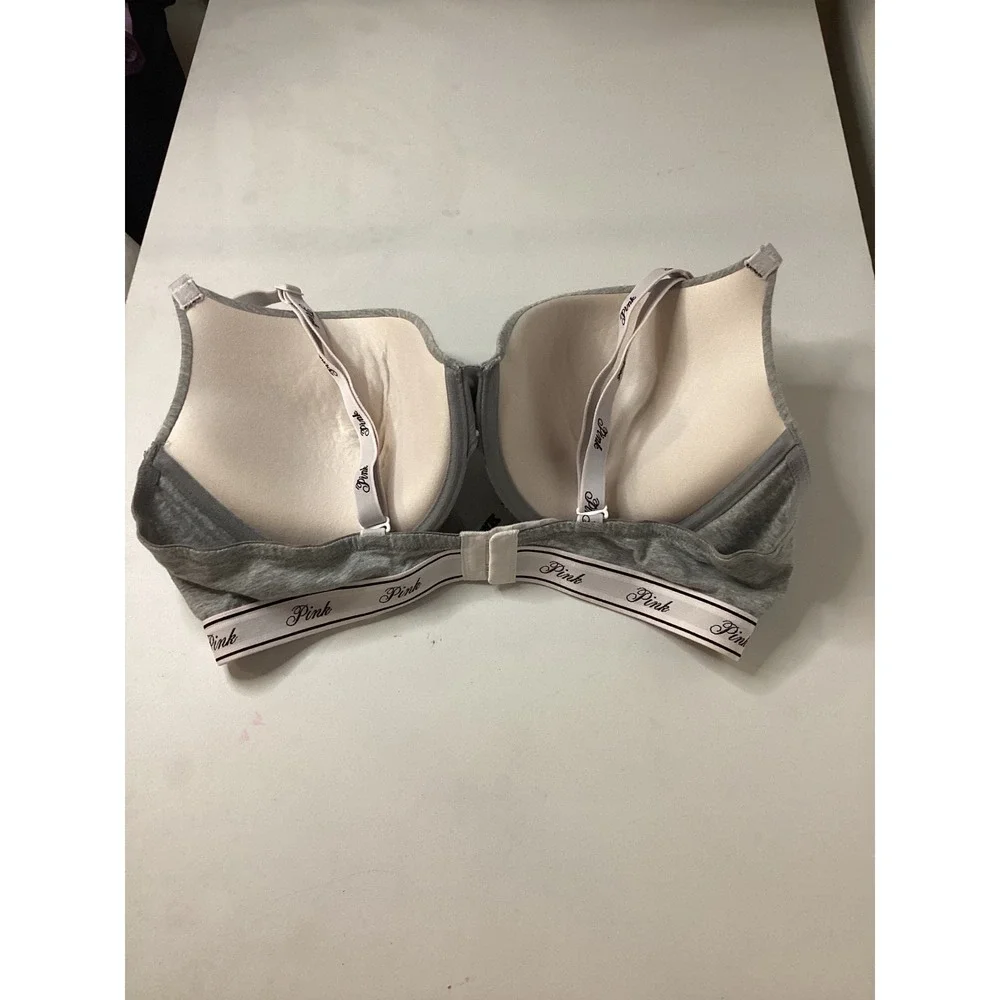 Victorias Secret‎ PINK Wear Everywhere T-Shirt Bra Gray Logo Band 38D Underwire